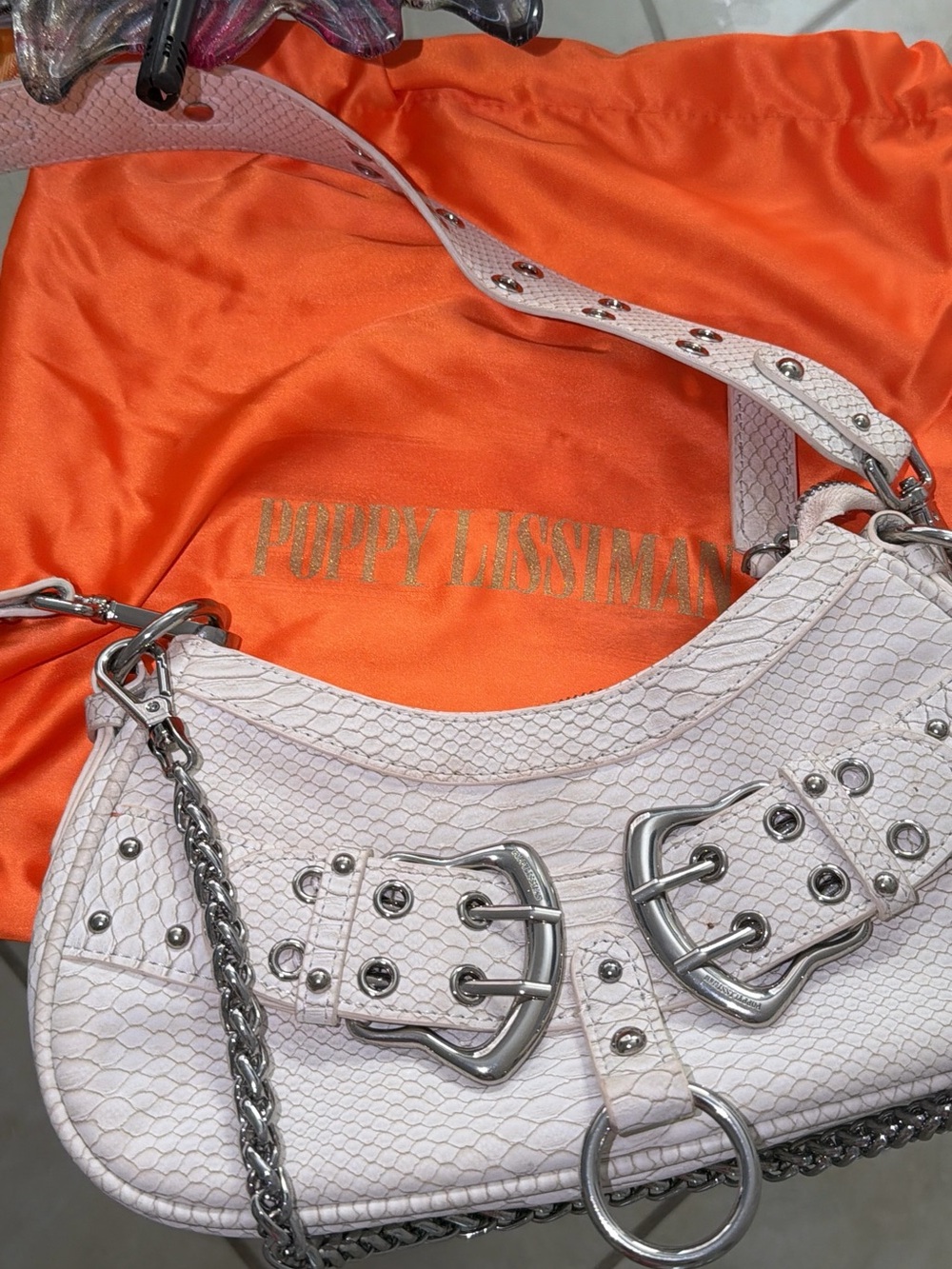 POPPY LISSIMAN White Textured Leather Shoulder Bag with Silver Hardware